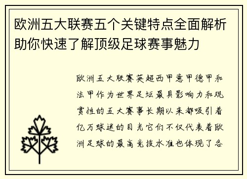 欧洲五大联赛五个关键特点全面解析助你快速了解顶级足球赛事魅力